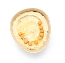 Bowl of delicious hummus with chickpeas on white background