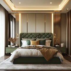 Bedroom featuring a luxurious modern interior design with a green bed
