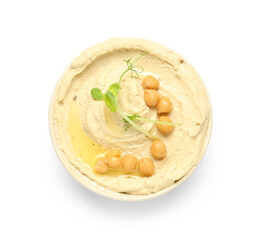 Bowl of delicious hummus with chickpeas and micro green on white background