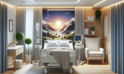 Ein ruhiges Zimmer in einem Krankenhaus mit Einzelbett, ged&auml;mpfter Beleuchtung , Gef&uuml;hl von pers&ouml;nlicher, medizinischer Betreuung und Pflege