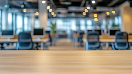 Obraz premium Empty office desk with vacant chairs and computers, symbolizing workforce layoffs and corporate downsizing, representing unemployment and economic challenges in modern workplace.
