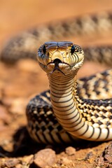 Fototapeta premium Snake flicks tongue on rocky desert ground