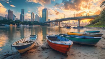 Naklejka premium Boats and sailboats moored at sandy river or bay beach with bridge and oriental cityscape view. Nautical transport at summer landscape with skyscrapers, sky and clouds, Cartoon vector illustration