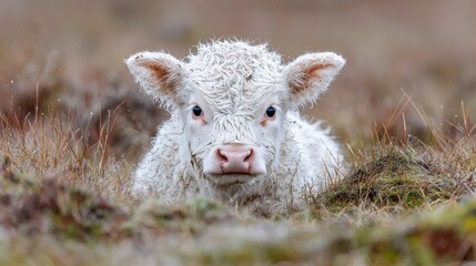 Naklejka premium White calf resting in grassy field. Possible use Nature, wildlife photography