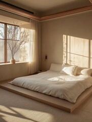 A minimalist bedroom interior bathed in warm sunlight on display