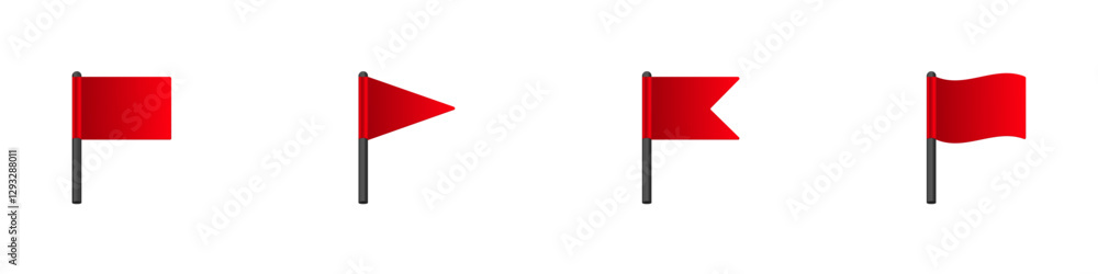 Poster a simple illustration showing four red flags, each with different shapes, mounted on poles.