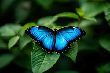 Blue Morpho Butterfly Resting on Lush Green Leaves