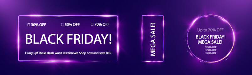 Neon black friday sale banner with glowing frame, discount percentages, and call-to-action text on dark purple background.
