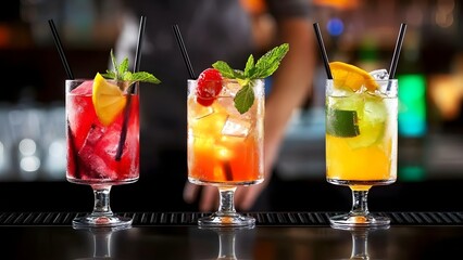 Three colorful cocktails garnished with fruits and mint, served in tall glasses with straws. Concept Colorful Cocktails, Fruit Garnishes, Refreshing Drinks, Tall Glasses, Mint Accents