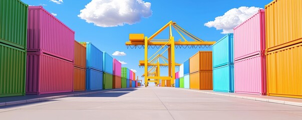 A vibrant shipping yard with colorful containers and a crane under a bright blue sky, showcasing a bustling port environment.cargo management warehouse scheduling