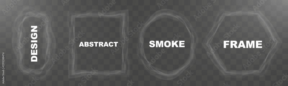 Poster set of abstract smoke frames in various shapes (square, circle, hexagon, freeform) on transparent ba