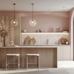 Modern kitchen featuring a minimalist design with warm color palette