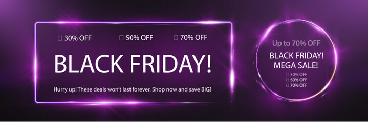 Neon black friday sale banner with glowing frame, discount percentages, and call-to-action text on dark purple background.
