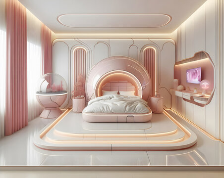 Hyper-modernes Schlafzimmer in hellrosa