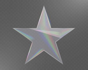 Obraz premium Glass star with transparent, reflective surface and iridescent light effects on a checkered background.