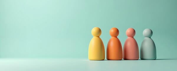 Four colorful symbolic figures stand in row, represent team, group of people. Human resources, diversity, inclusion concepts. Company culture, team collaboration. Friendship, strong relationships