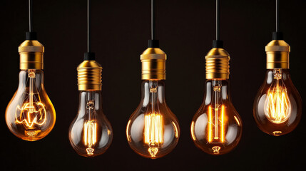 Vintage light bulbs set isolated on transparent background. Vector realistic illustration of different shape glass lamps with filament inside hanging on black wire, warm led light for interior design