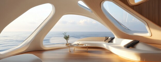 Fototapeta premium Luxury Yacht Interior Design: Modern Architectural Spaces Showcase Ocean Views with Elegant Furnishings and Wooden Floors.