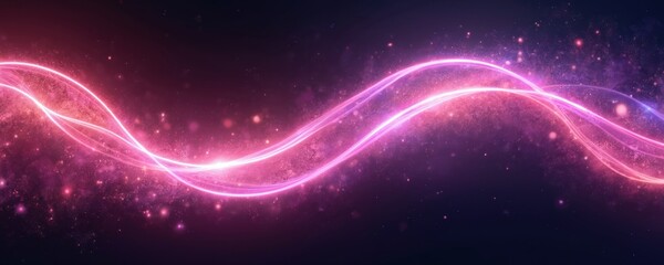 Obraz premium Glowing pink purple lines across black background. Wave shaped curved neon stripes with scattered light particles. Space galaxy nebula effect with dark cosmos backdrop, science fantasy theme.