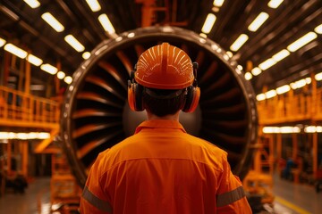 Obraz premium Engineer Inspects Massive Turbine Engine in Illuminated Factory