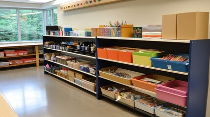 Organized Classroom Supplies on Shelves Accented by Natural Light