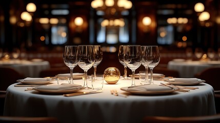 Elegant dining room, set tables, luxury ambiance