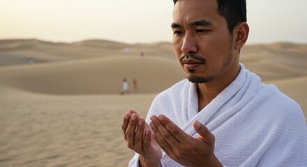 man praying in desert. hajj moment