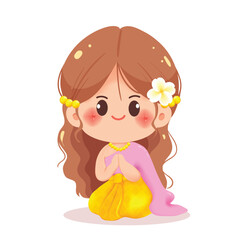 Cute Thai Girl Sitting and Greeting in Traditional Dress Cartoon Illustration