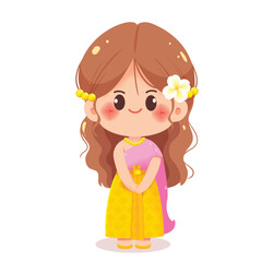 Cute Thai Girl Smiling in Traditional Dress Cartoon Illustration