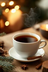Fototapeta premium Steaming teacup with spices on a table by festive lights