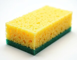 Yellow porous sponge with green scrub layer isolated on white backdrop. Cleaning tool for washing dishes, household chores. Kitchen hygiene. Pro home cleaning service concept. Cleaning supply for