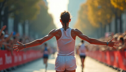 Determined woman runner crosses finish line with crowd cheering. Athlete achieves victory arms outstretched. Sport competition success. Marathon runner wins, celebrates triumph, feels accomplishment,