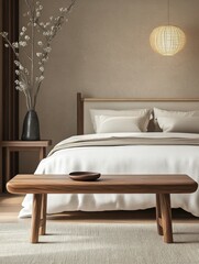 Bedroom featuring wood bench decor and a vase of flowers
