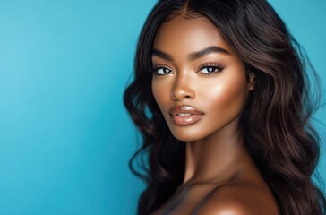 Naklejka premium beautiful woman with long hair and smooth skin, posing for the camera against a blue background.