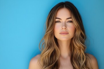 Fototapeta premium Beautiful woman with long brown hair and classic makeup, portrait on a blue background
