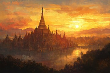 Fototapeta premium Shwedagon Pagoda at Sundown: Ancient Temple in Myanmar's Yangon