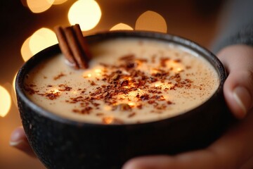 Hands holding warm spiced drink with cinnamon stick, cozy bokeh lights