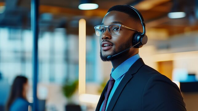 Confident call center agent headset glasses tie open office 
