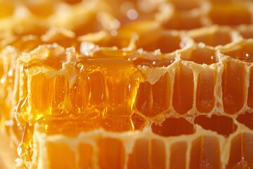 Close-up of golden honeycomb with dripping honey