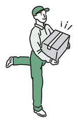 シンプル　イラスト　段ボールを運ぶ笑顔の配達員の男性