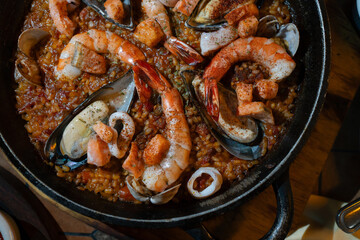Close-up of Spanish traditional seafood paella.