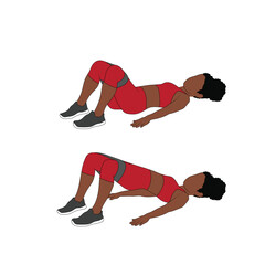 A Black African woman in red clothing doing glute bridges exercise with a resistance band. Flat vector illustration isolated on white background