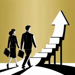 Fototapeta premium Business professionals walking towards glowing upward arrow, symbolizing success