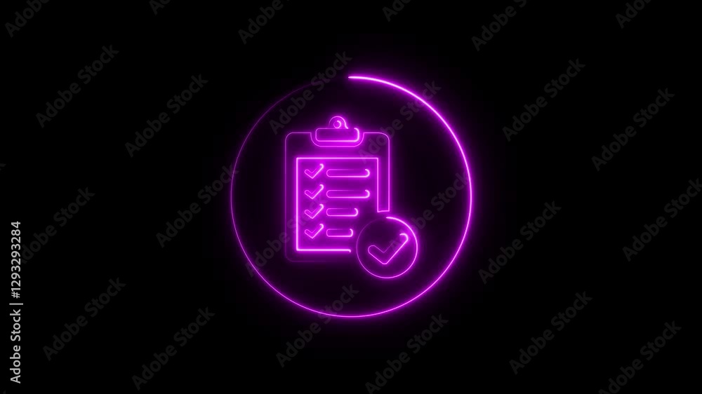 Poster glowing neon clipboard with checklist icon isolated on black background.tasks check, checklist icon.