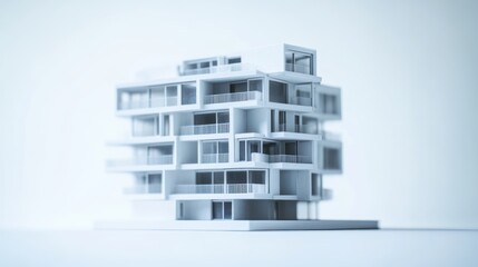 Modern apartment building model, architectural design, white background, urban development