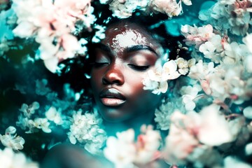 Naklejka premium Impressive bold image of pretty loving black young girl - commercial conceptual art. Valentine's day greeting from woman or for woman. First love. Valentine's day magic. Woman love.