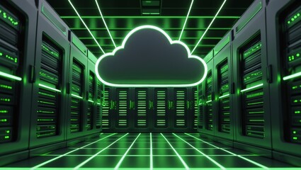 Data Center with Glowing Server Racks and Cloud Icon, Reflective Floors and Neon Ceiling Lights, Generative AI