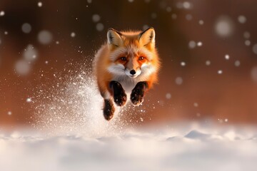 Obraz premium Red fox leaping through snowy forest during winter
