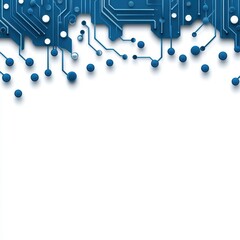 A blue circuit board design with abstract lines and dots, creating a tech-inspired visual effect on a white background.