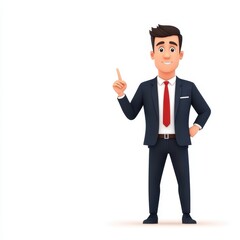 A cheerful cartoon businessman in a suit points upward with a confident expression, suggesting ideas or inspiration.